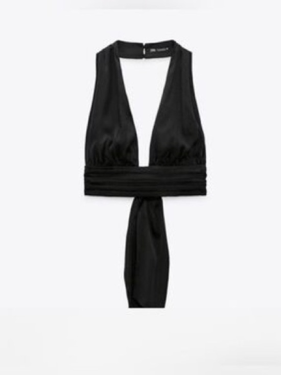 Zara Tops - ZARA Black Satin V Neck, Pleated Hem Cropped Halter Top XS